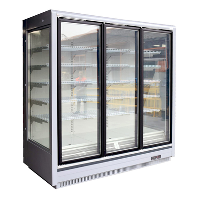Dreiergruppe glasig-glänzende Glastür-Kühlschrank-Werbung für Eiscreme und Tiefkühlkost